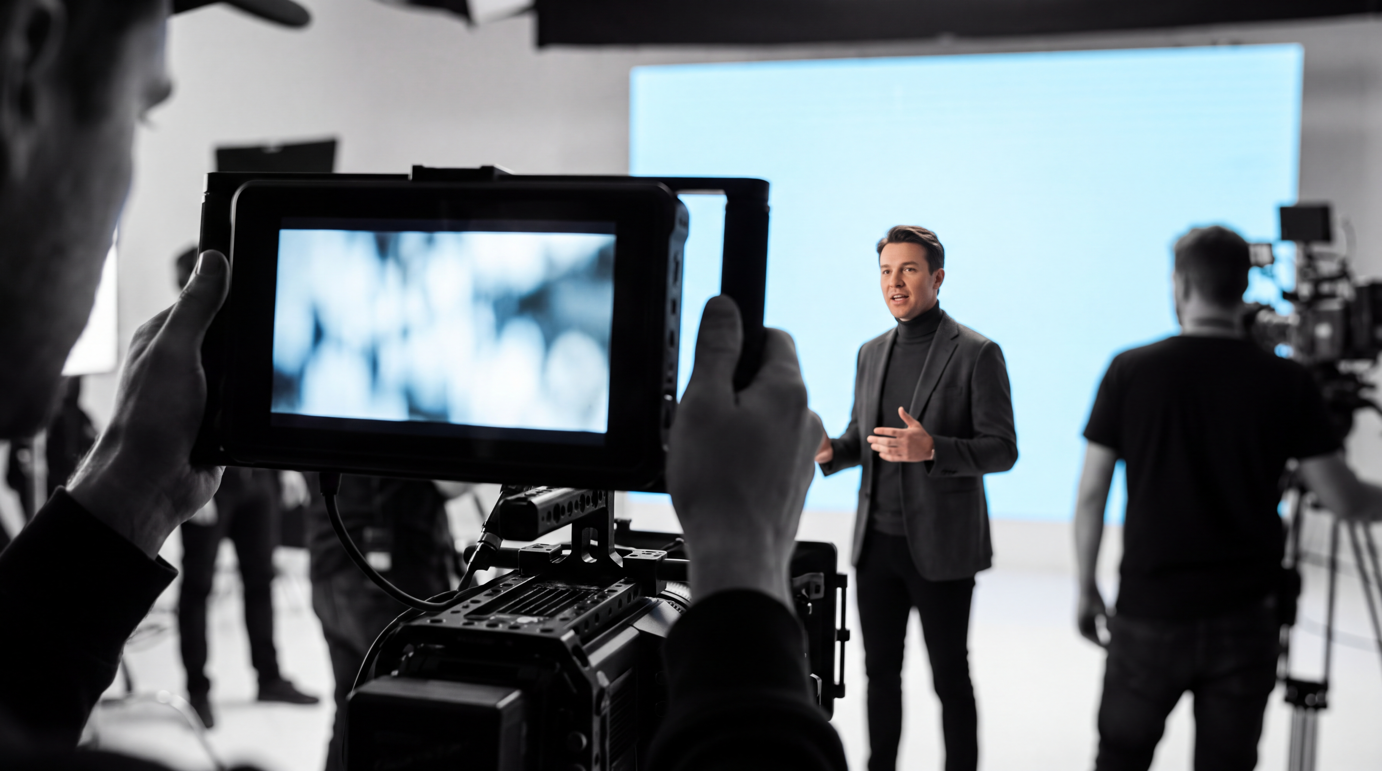 Cinematic brand film shoot with a supercar on a neon-lit sound stage