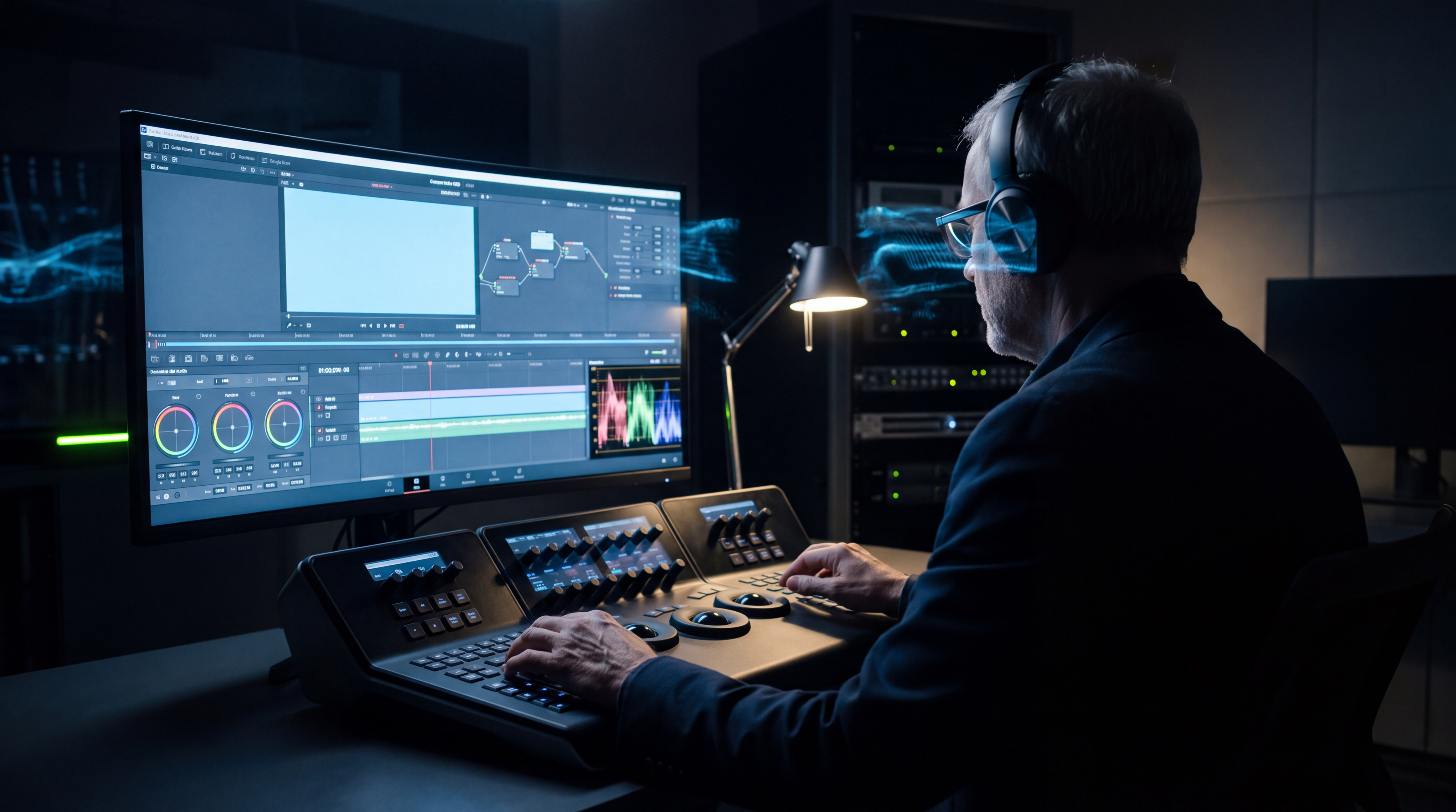 Colorist grading footage on calibrated monitors in a finishing suite