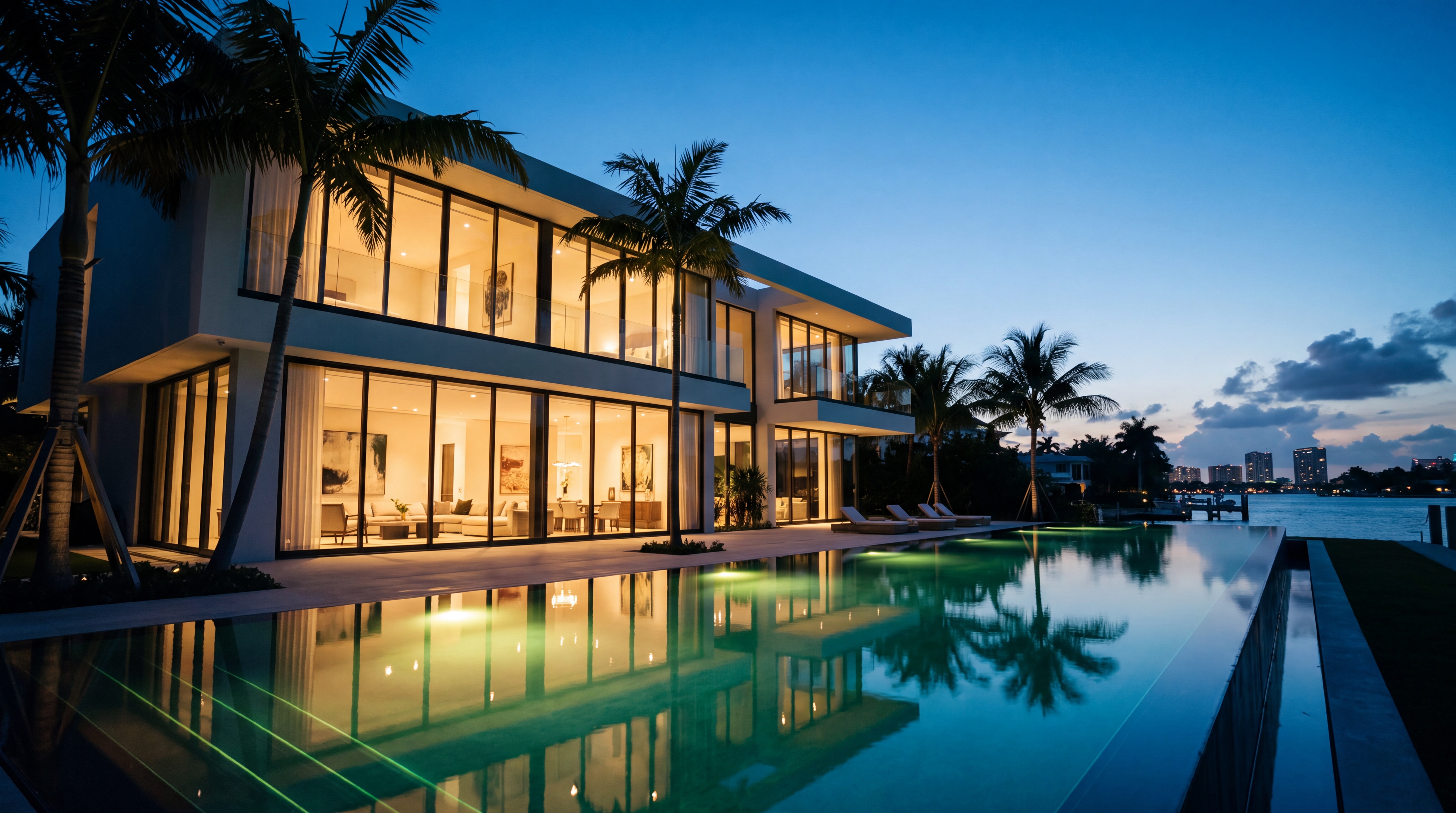 Twilight shoot of a modern oceanfront luxury home with pool